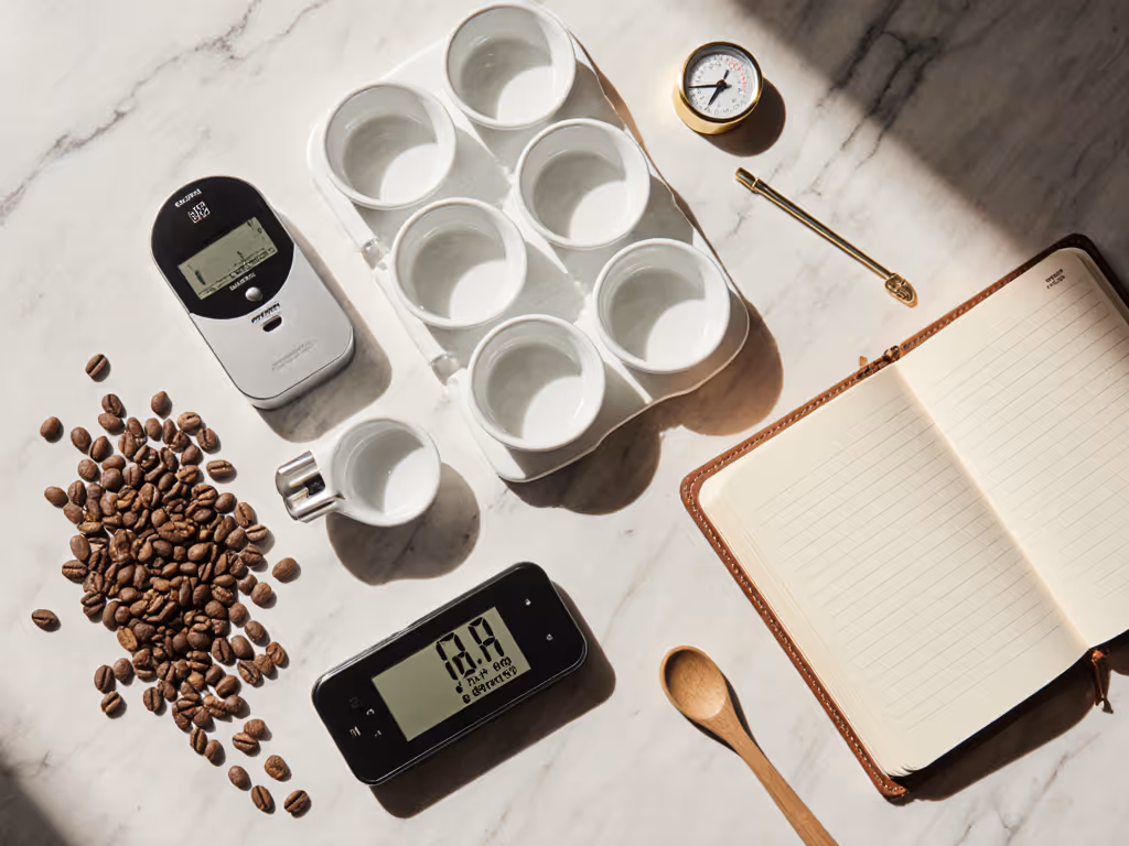french_press_sensory_evaluation_setup_showing_standardized_cups_timer_thermometer_and_notepad