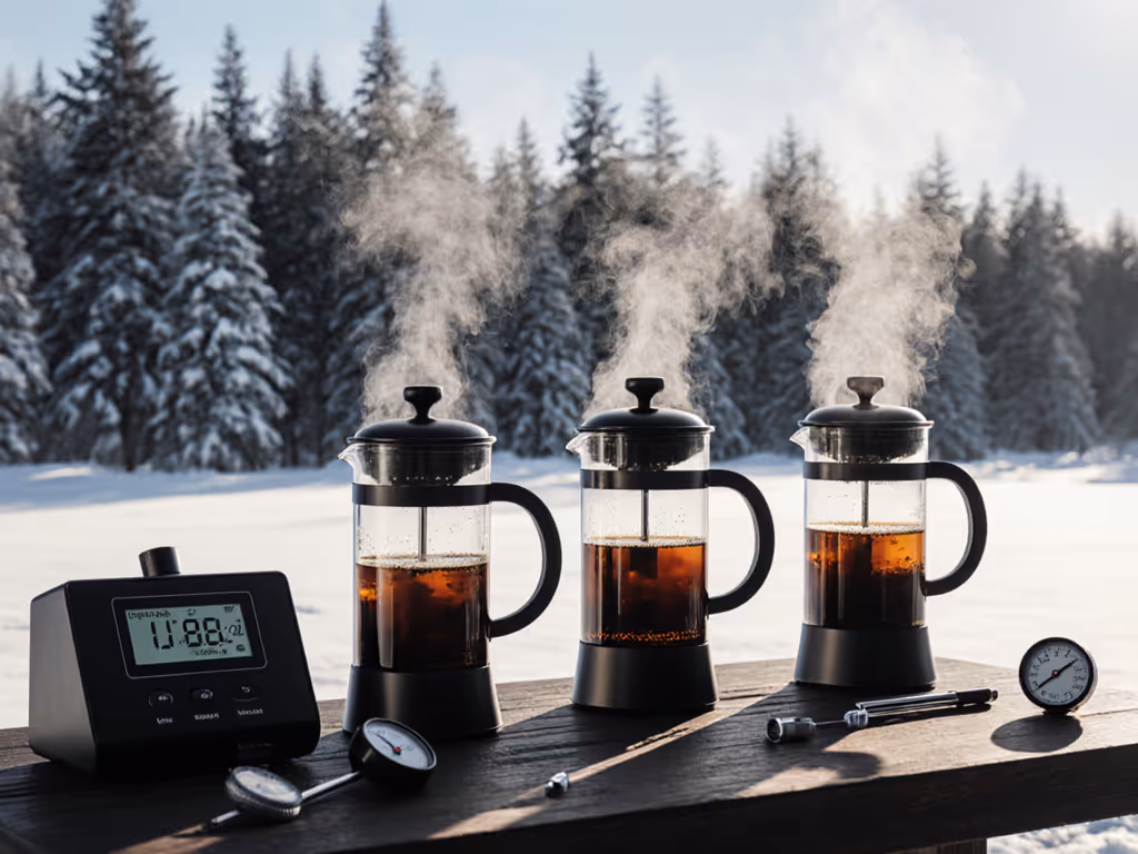 thermal_testing_setup_with_french_presses_in_snowy_conditions